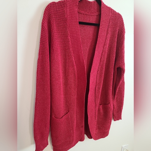 Burgundy Open Front Medium Weight Cardigan with Pockets - Picture 2 of 7